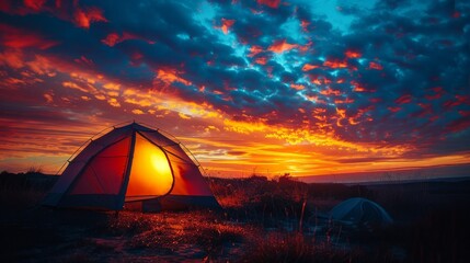 Camping tent illuminated by sunset in a scenic area