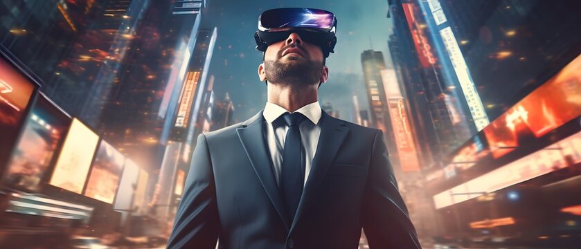 Businessman in VR headset exploring the city
