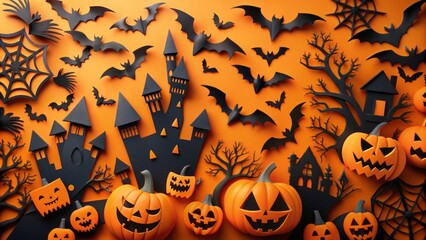 Vibrant orange and black paper cuts form a bold, edgy comic book background, evoking Halloween spirit with stark, graphic silhouettes.