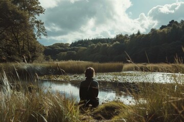 Peaceful lakeside scene. Person sits quietly, gazing at water and forest. Clouds reflect in pond dotted with lilies. Serene moment in nature.