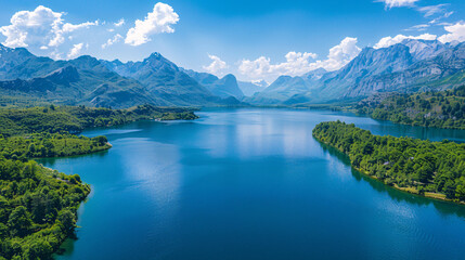 Naklejka premium Serene Reflections: Azure lake nestled amidst majestic mountains under a vibrant sky. 