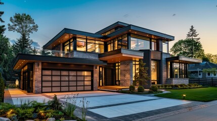 Modern luxury house with glass and stone exterior design.