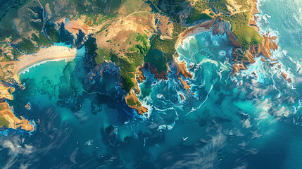 Azure Embrace: Where turquoise waters caress golden shores, an aerial vista captures the captivating beauty of Earth's coastal tapestry. 