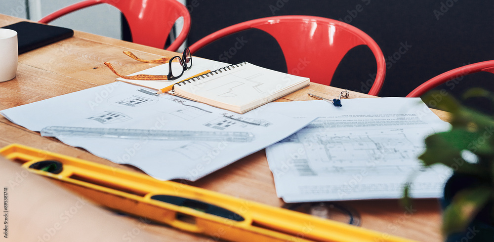 Poster planning, design and architecture in workshop with blueprint, drawing and measurement for building. 