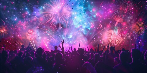 A vibrant fireworks display captivates an enthusiastic crowd celebrating an event with cheer and joy. The spectacle in the nighttime sky is lively and colorful, creating a festive atmosphere