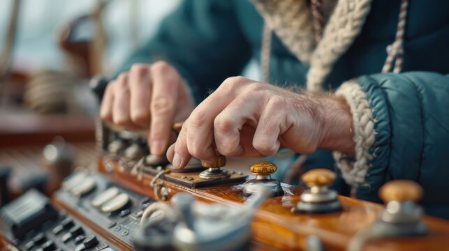A ship's radio operator sending Morse code on a vintage transmitter.
