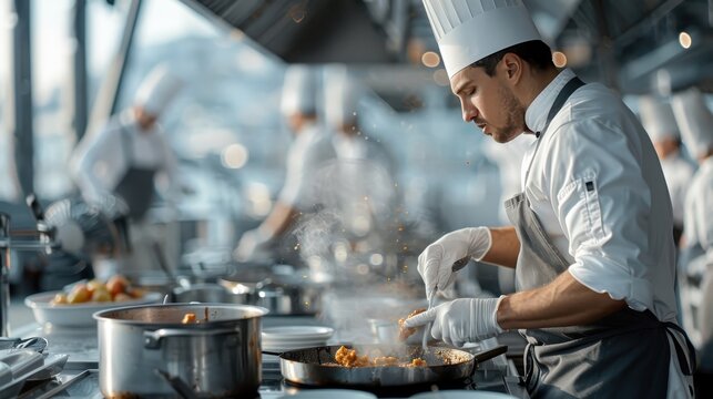A chef preparing a meal in the galley of a cargo ship.