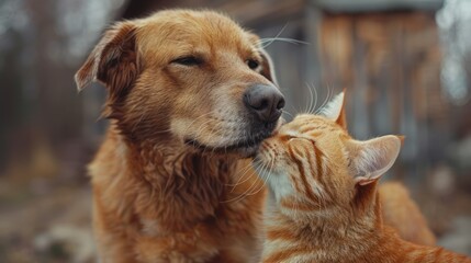 Dog enjoying a head scratch from a friendly orange tabby cat