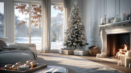 Fototapeta premium A cozy living room with a crackling fireplace and a towering Christmas tree adorned with twinkling lights and ornaments.
