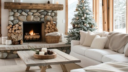 A rustic cabin living room with a Christmas tree adorned with natural elements.