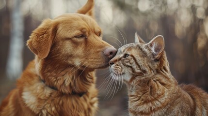 Fototapeta premium Dog enjoying a head scratch from a friendly orange tabby cat