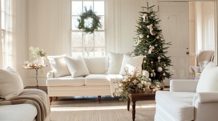 Fototapeta premium A Victorian-inspired living room with a majestic Christmas tree adorned with antique ornaments.