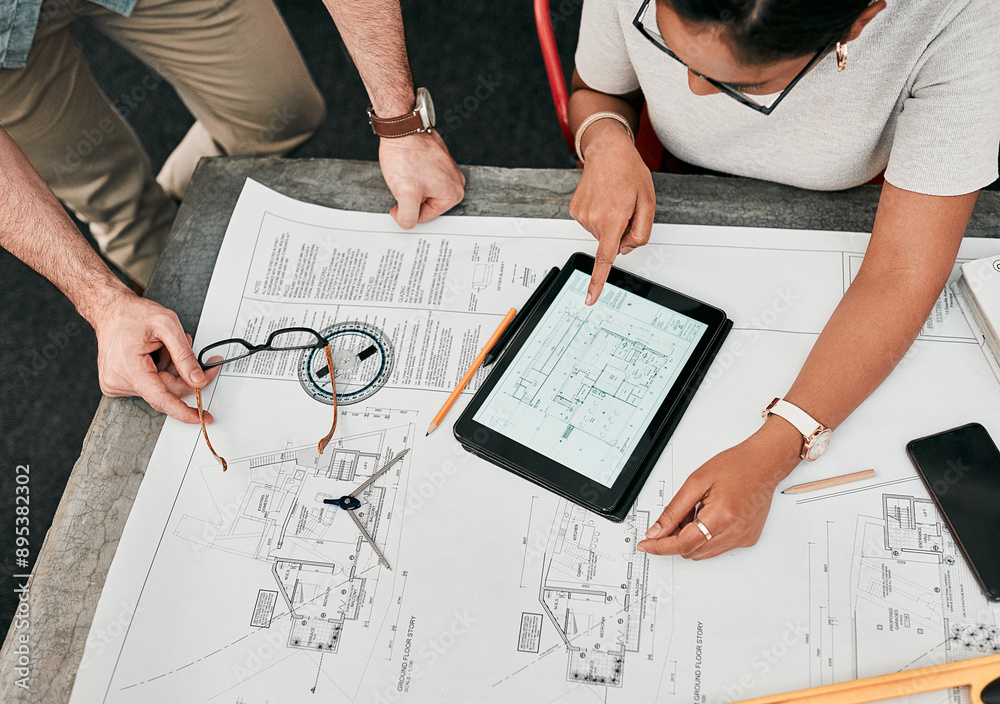 Poster man, woman and tablet with screen for architecture with review, point and floor plan for property in