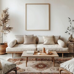 Minimalist living room interior with a sofa, wooden coffee table, and a blank frame mockup on the wall.