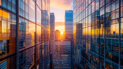 Fototapeta premium Skyscrapers reflecting sunset in a modern city