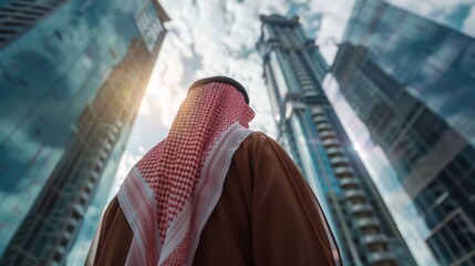 saudi young businessman from back looking up towards saudi kingdom building with sky