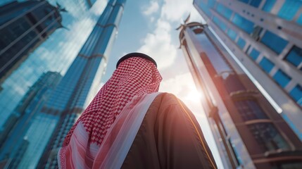 saudi young businessman from back looking up towards saudi kingdom building with sky