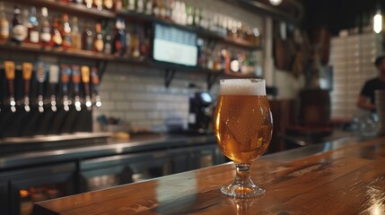 Craft beer on bar counter at brewery