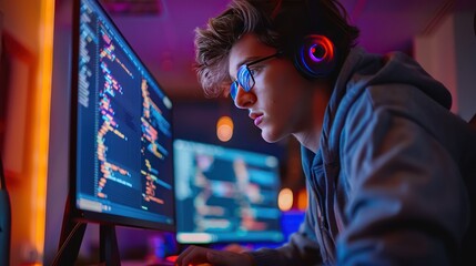 Side view of IT student, working at a computer and learning about digital code