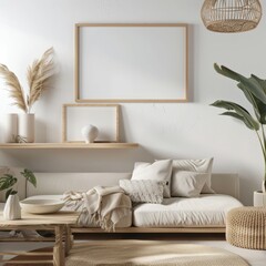 Modern Living Room Interior Design with Wooden Frame Mockup, Neutral Colors and Natural Textures.