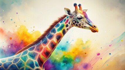Vibrant, whimsical illustration of a stylized giraffe with multicolored, blended fur, set against a soft, creamy white background.