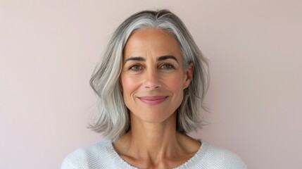 Fototapeta premium A woman with gray hair is smiling and looking at the camera