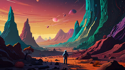 Fototapeta premium Illustration background Of an astronaut is exploring an alien landscape