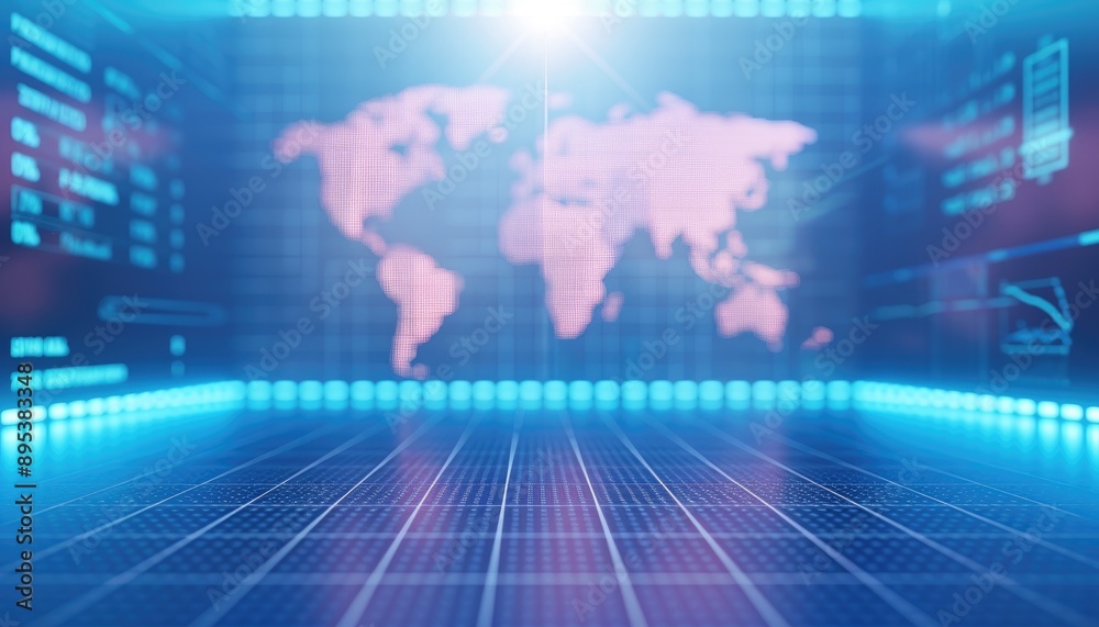 Poster global network data visualization with world map and blue lights.
