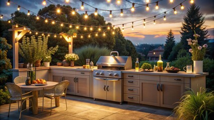 Warm ambiance of outdoor kitchen setup at dusk with BBQ grill, utensils, and ingredients under soft string lights and twinkling stars.
