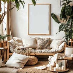 Cozy bohemian living room with sofa, plants, candles and blank canvas mockup.