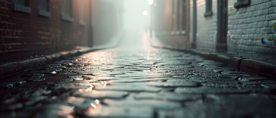 A dark alleyway with a wet cobblestone road