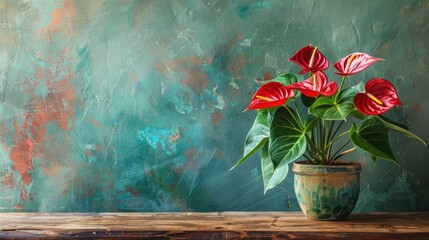 Potted Anthurium on wood table