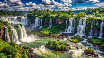 Obraz premium Majestic torrent of crystal clear water cascades down lush green forest surroundings at majestic Iguazu Falls in Argentina.