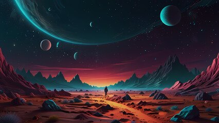 Fototapeta premium Illustration background Of an astronaut is exploring an alien landscape