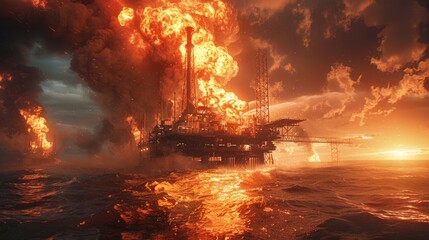 Dramatic oil rig explosion with fiery flames at sea