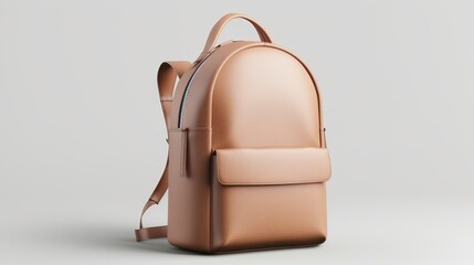 A tan leather backpack with a zipper pocket and a strap
