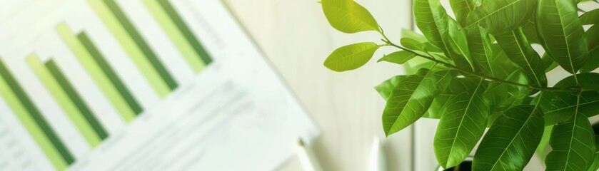 Fototapeta premium vibrant green leaves next to a financial report, symbolizing growth and sustainability in business.