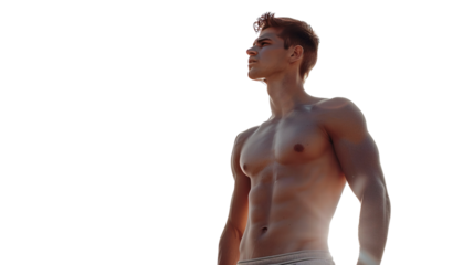 Skinny shirtless man isolated on white background.