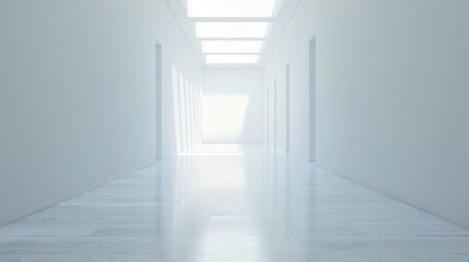 Fototapeta premium A long, empty hallway with a white door on the right