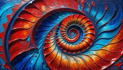 Fototapeta premium Shiny red blue abstract ammonite spiral paint drips
