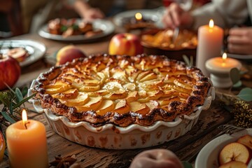 Festive Autumn Dining Table with Apple Pie Centerpiece, Featuring Beautifully Presented Potato and Peach Pie, Captured in Rustic Painterly Style

