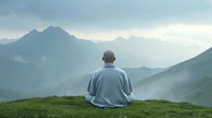 Fototapeta premium A man sits on a hillside, looking out over the mountains