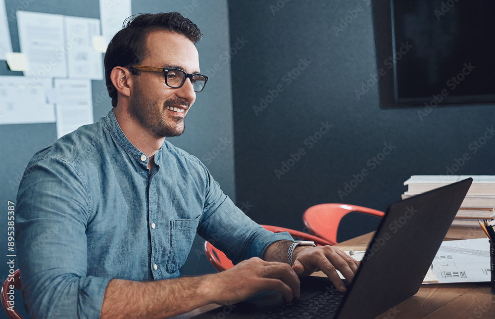 Poster Laptop, architecture and happy man in office for building project, planning and design research. Computer, smile and young engineer in workplace for contractor, development and industrial blueprint