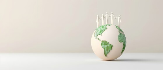 A group of people are standing on a globe, with the globe being green