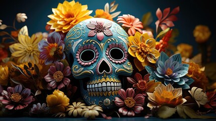 day of the dead background with floral ornaments and skulls for banners or posters