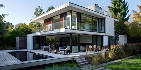 Fototapeta premium Modern House with Pool and Deck Surrounded by Trees