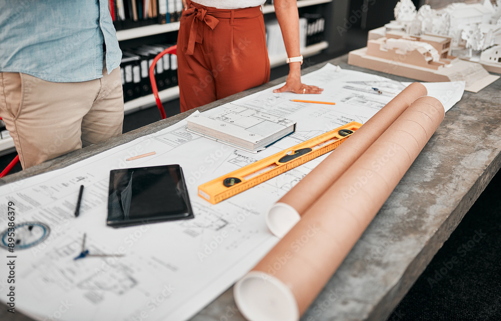 Poster architecture, teamwork and hands with blueprint in office for creativity, project and planning on pa