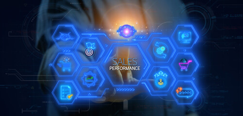 Sales performance management concept. Strategic Decision Making for Operations Management, increase sales and business growth. Businessman hand showing glowing neon line sales performance icons.