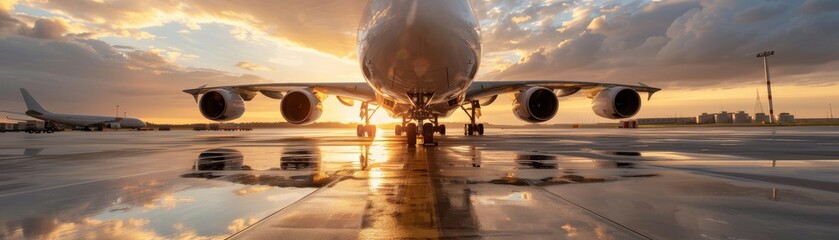 A stunning view of an airplane on a runway during sunset, reflecting on wet pavement, creating a dramatic scene.