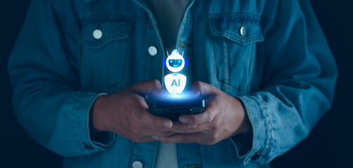 Chat robot ai assistant concept. Businessman show command prompt to smart ai chatbot. Modern technology ai or artificial intelligence service business analysis. Futuristic technology transformation.